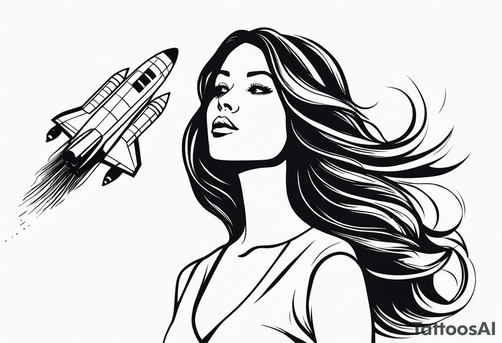 young girl in dress with long hair blowing in the wind watching a space shuttle launch in the distance, all nested within 4 octagons tattoo idea