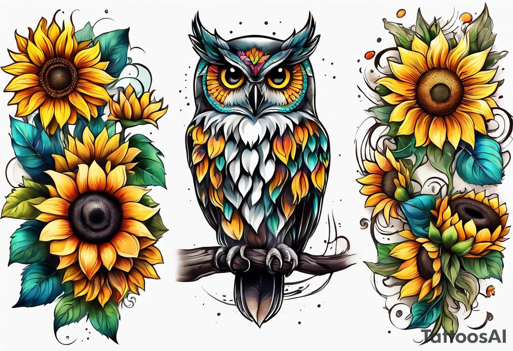 Leg sleeve with colorful sunflowers and an owl tattoo idea