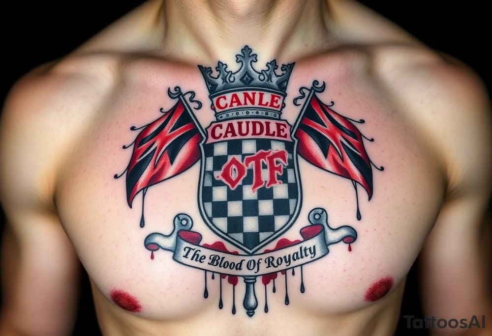 Men Crest  with A king crown on top, CAUDLE written inside red, a chessboard, blood splatter on top of two red racing flags & OTF inside, Smoke surrounding the outside of the crest, & The Words The Blood Of Royalty in red underneath the crest & a King chess piece surrounding the outside of the crest, And raining blood drops tattoo idea