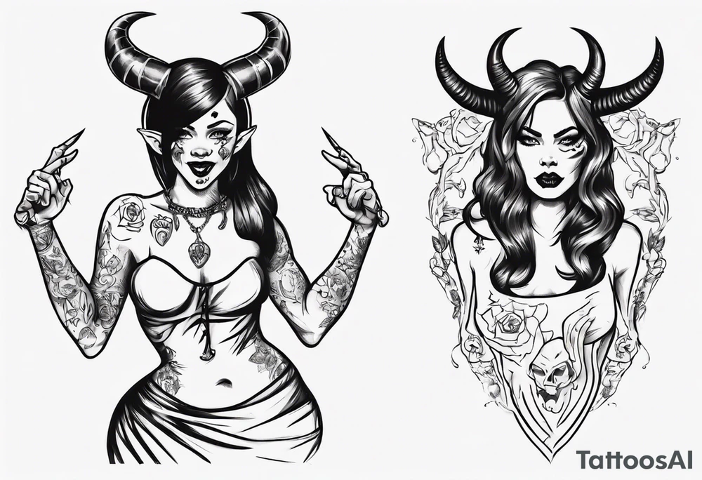 female dancing with devil horns tattoo idea