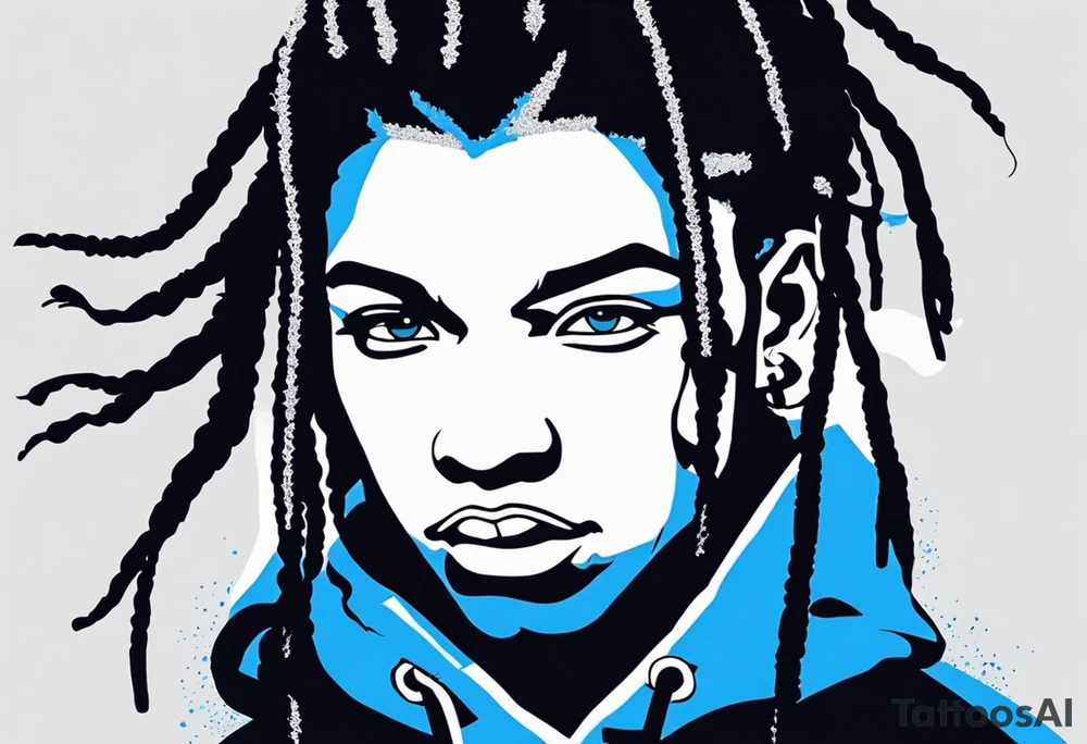 black well built teen with with a grey hoodie on and blue jeans with long dreads morphing 
into a blue wildcat in various spots on his body. I want his hoodie appear as if its been ripped in random places from the inside with I Carolina blue football jersey showing underneath that reads Camden tattoo idea