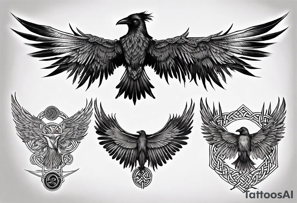 norse style raven wings spread with celtic knotwork tattoo idea