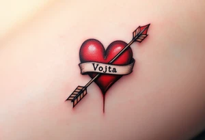 A classic red heart pierced by an arrow, bearing the name Vojta along the curve. tattoo idea