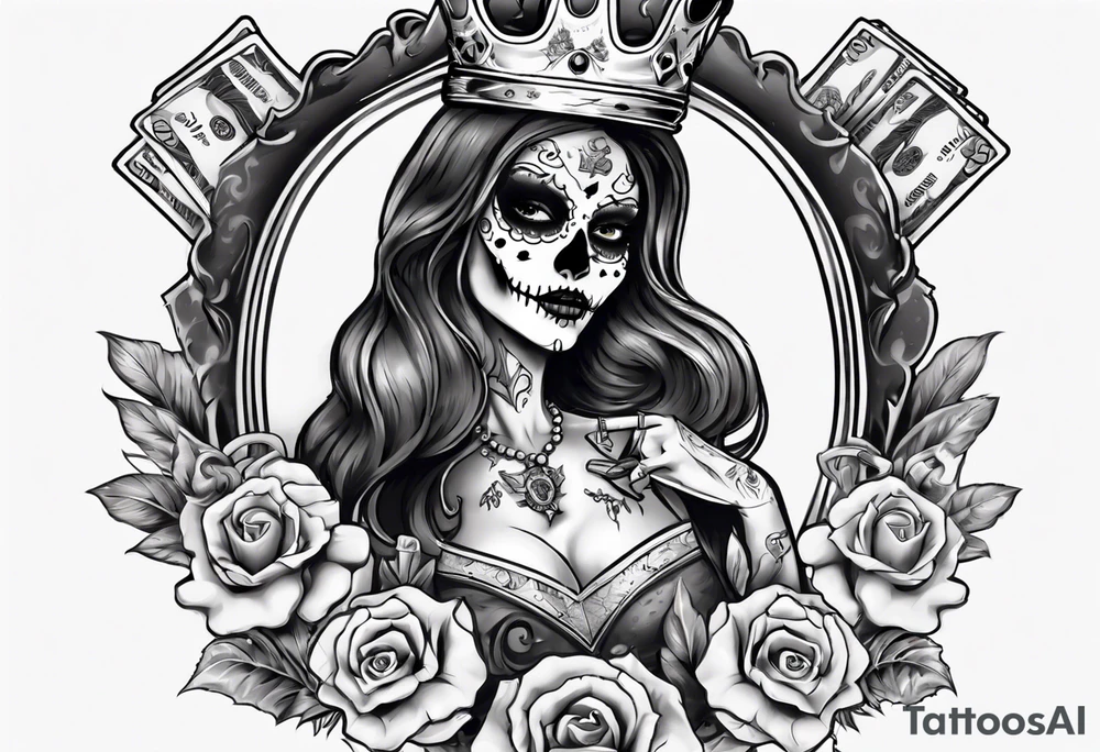 santa la muerta with money and crown
on the card tattoo idea