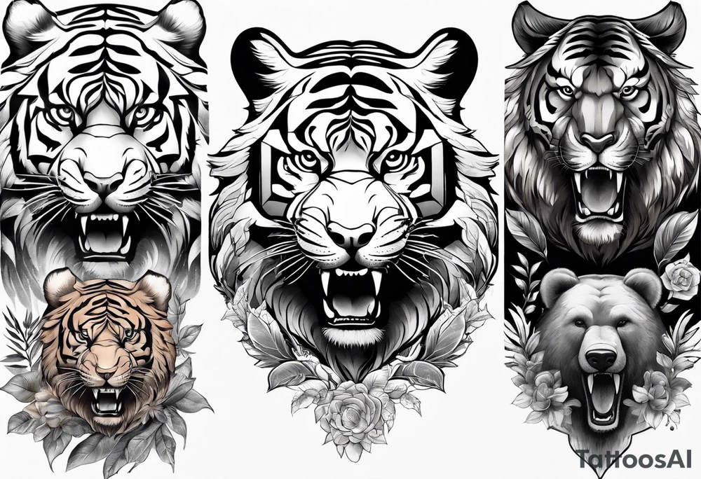 Tiger and bear chest tattoo both on different pecs. They are in a cloudy forest with fierce warriors. Number 14 is in the sternum tattoo idea