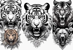 Tiger and bear chest tattoo both on different pecs. They are in a cloudy forest with fierce warriors. Number 14 is in the sternum tattoo idea