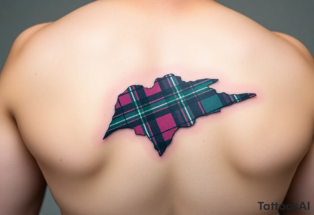 Side of arm Dark Purple with green pink blue and white highlights tartan fabric with skin peeling away at edges tattoo idea