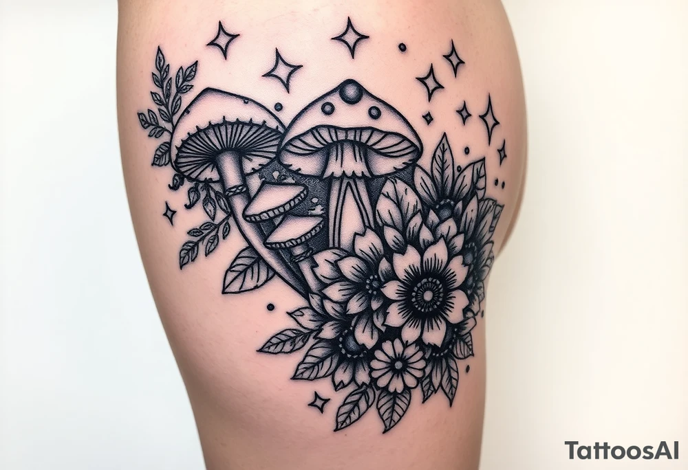 Could you possible make me a cool nature tattoo with mushrooms crystals  flowers mandala boho but colorful and psychedelic colorful too that would wrap from front of hip around side to mid back to cover an existing one I have incorporating the stars I have already and only covering some going with shape of curves of female body wrapping from front of hip around side to back tattoo idea