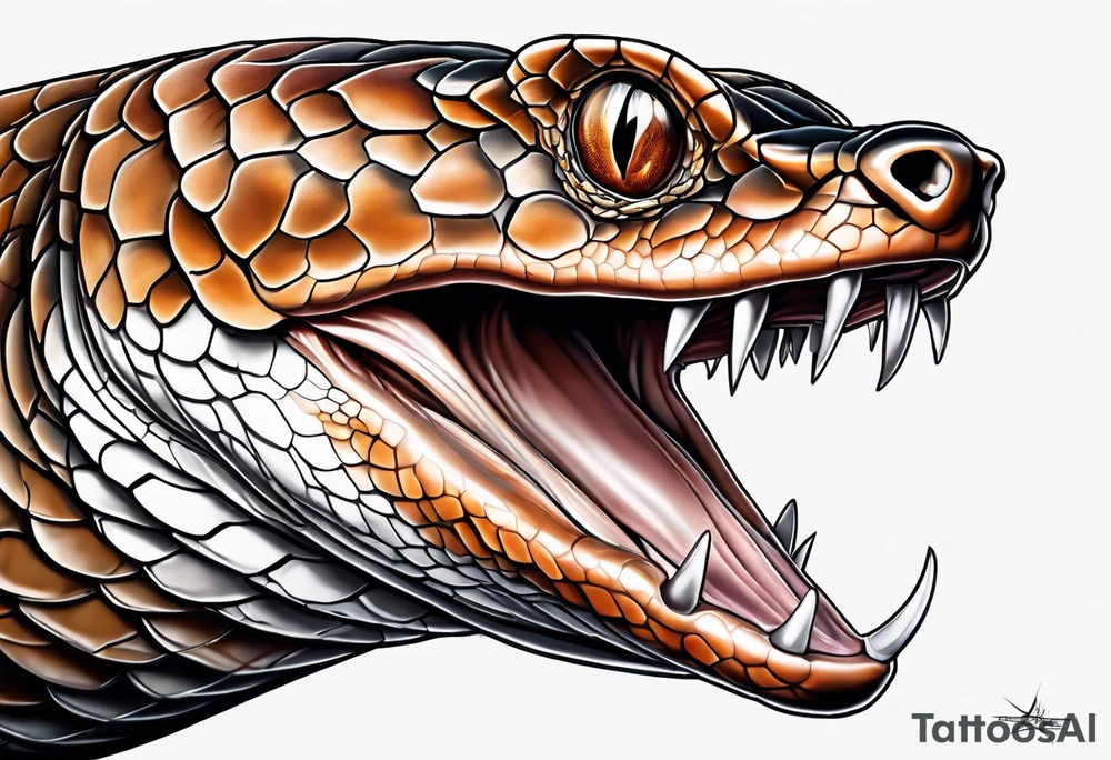 Copperhead with just the head turned up and mouth open and black and white with copper colored eyes tattoo idea