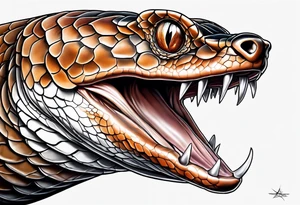 Copperhead with just the head turned up and mouth open and black and white with copper colored eyes tattoo idea
