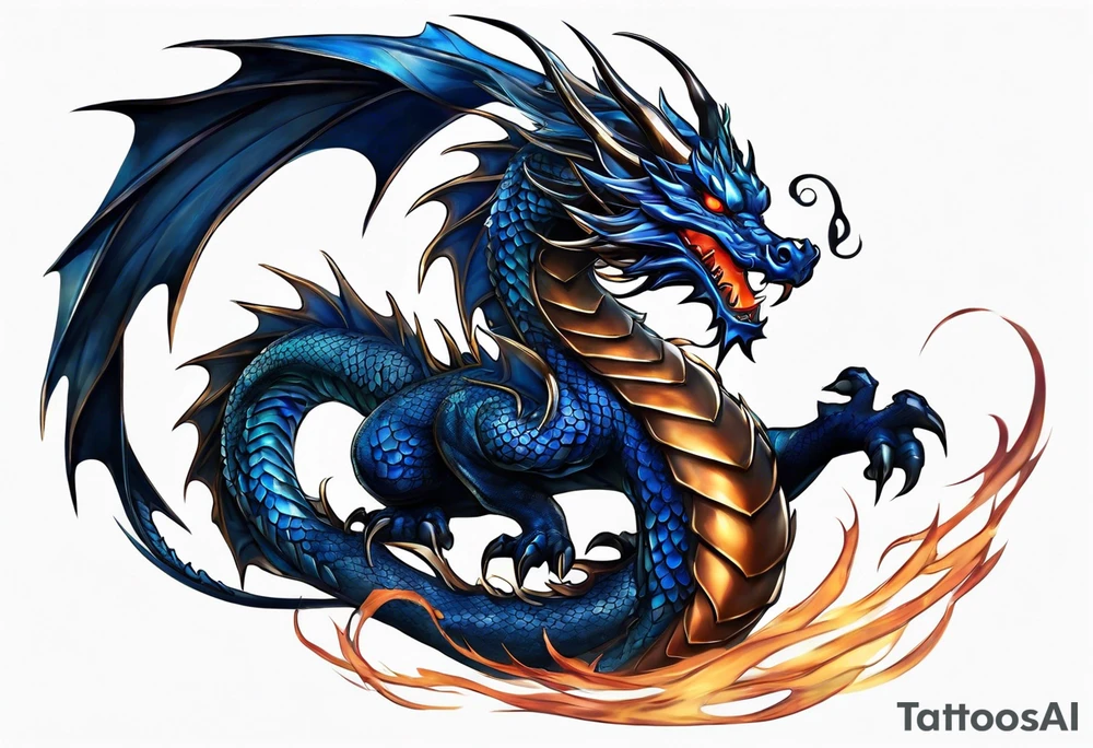 An epic floating dragon. Its long body coiling dynamically, with scales and horns detailed to create a sense of movement and strength. The dragon's main color is midnight blue, giving a vibrant depth and a mystical aura. This tattoo highlights the dragon’s fierce expression and sharp claws. tattoo idea
