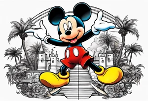 mickey mouse holding lightning with palm trees doing martial arts at the disney castle tattoo idea