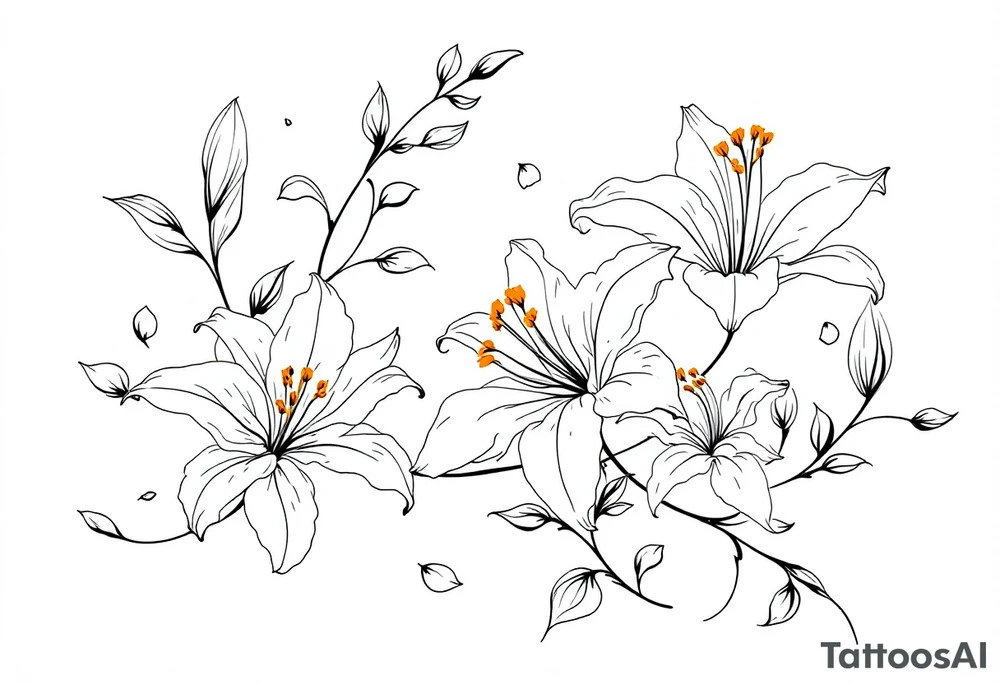 delicate lilies swirling in spring breeze with petals tattoo idea