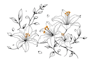 delicate lilies swirling in spring breeze with petals tattoo idea