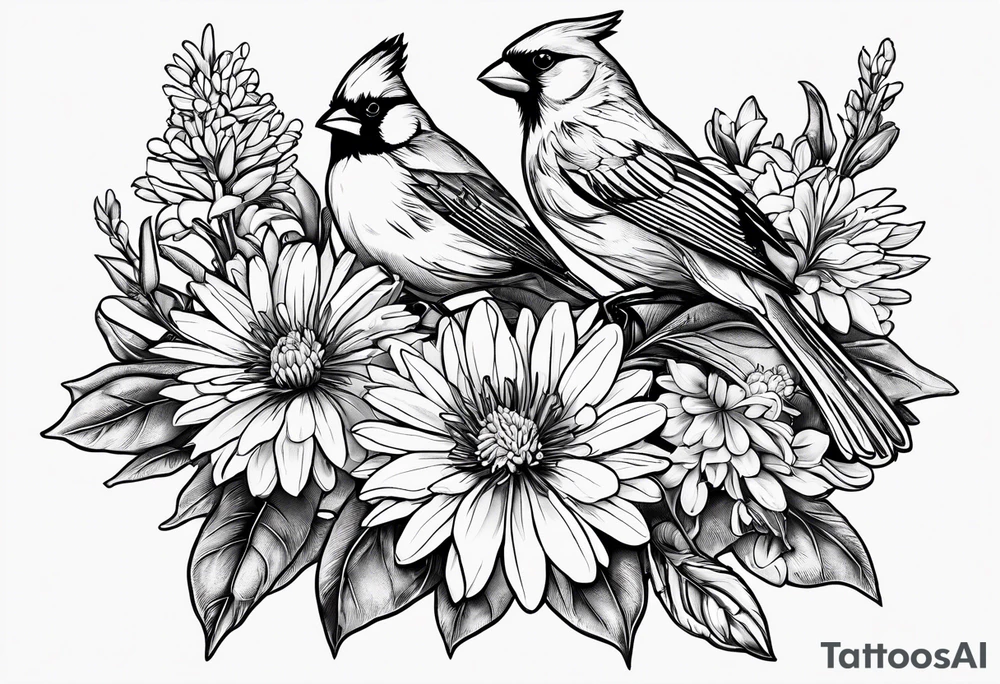 Bouquet of Aster flowers and sea rocket flowers with a cardinal around the words Dad tattoo idea
