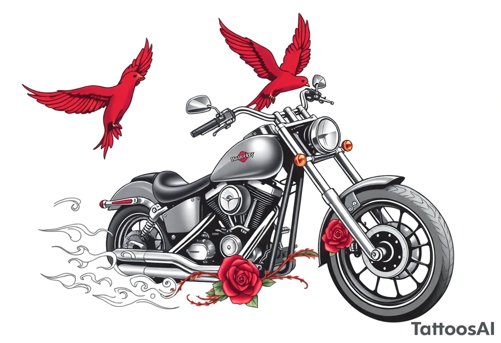 Harley grey motorcycle driving away, two red birds flying, roses and lace, flames tattoo idea