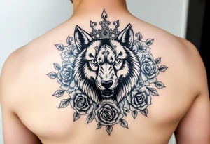 Intense and majestic wolf with crown, surrounded by floral ornaments and roses tattoo idea