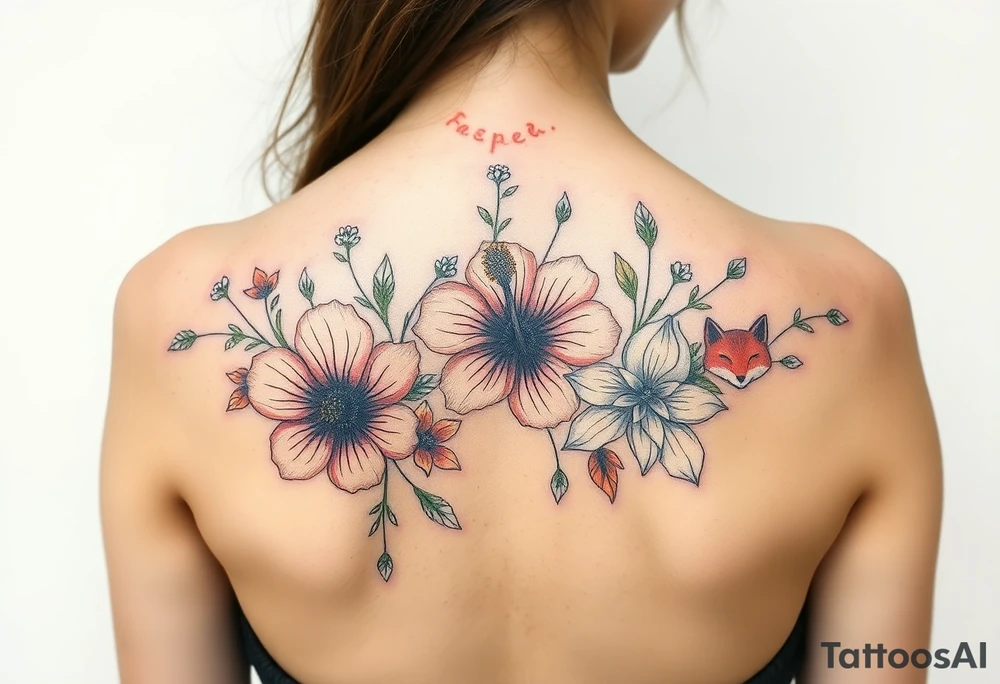 wild hibiscus and meadow flowers with morning dew drops and foxes tattoo idea