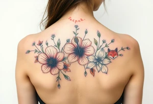 wild hibiscus and meadow flowers with morning dew drops and foxes tattoo idea