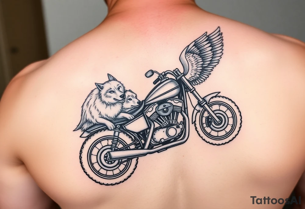 a motorcycle on it with guardian angel wolves on the bike tattoo idea