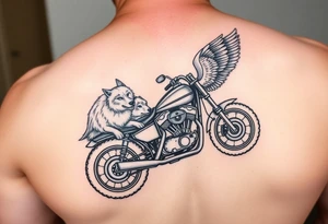 a motorcycle on it with guardian angel wolves on the bike tattoo idea