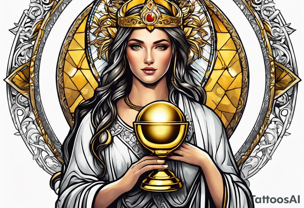 holy saint woman with golden halo holding a chalice tattoo idea