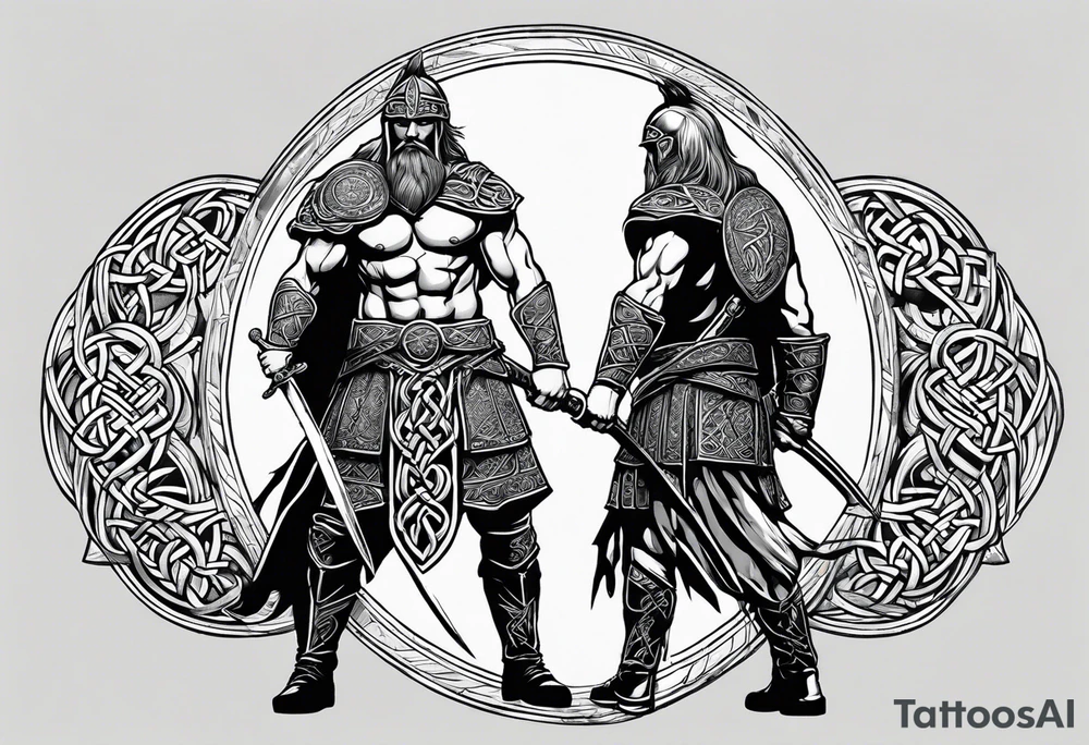 Side full body shot of Celtic warrior with weapon drawn. tattoo idea