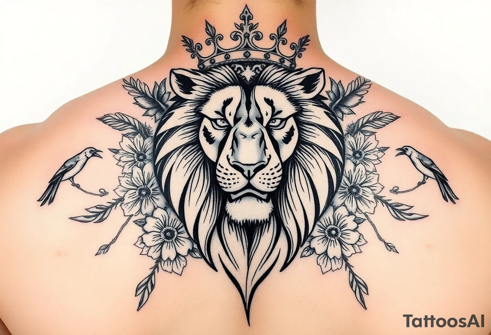 powerful majestic lion with a crown, surrounded by floral ornaments and birds tattoo idea