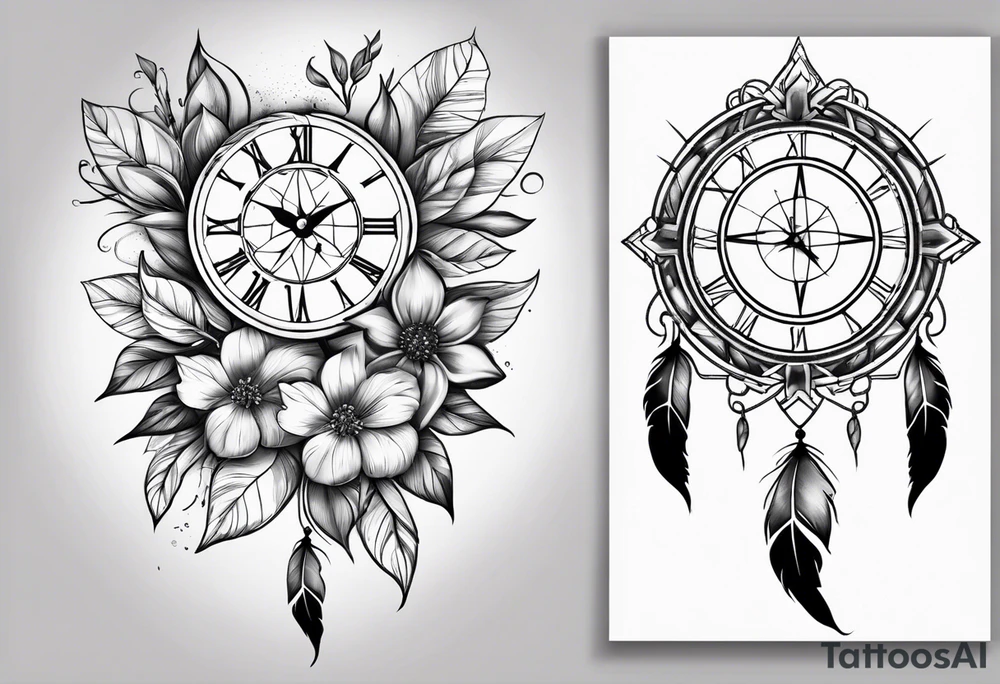 Dreamcatcher with the Magnoliaflower at the top the clock in the middle in the compass at the bottom tattoo idea