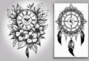 Dreamcatcher with the Magnoliaflower at the top the clock in the middle in the compass at the bottom tattoo idea
