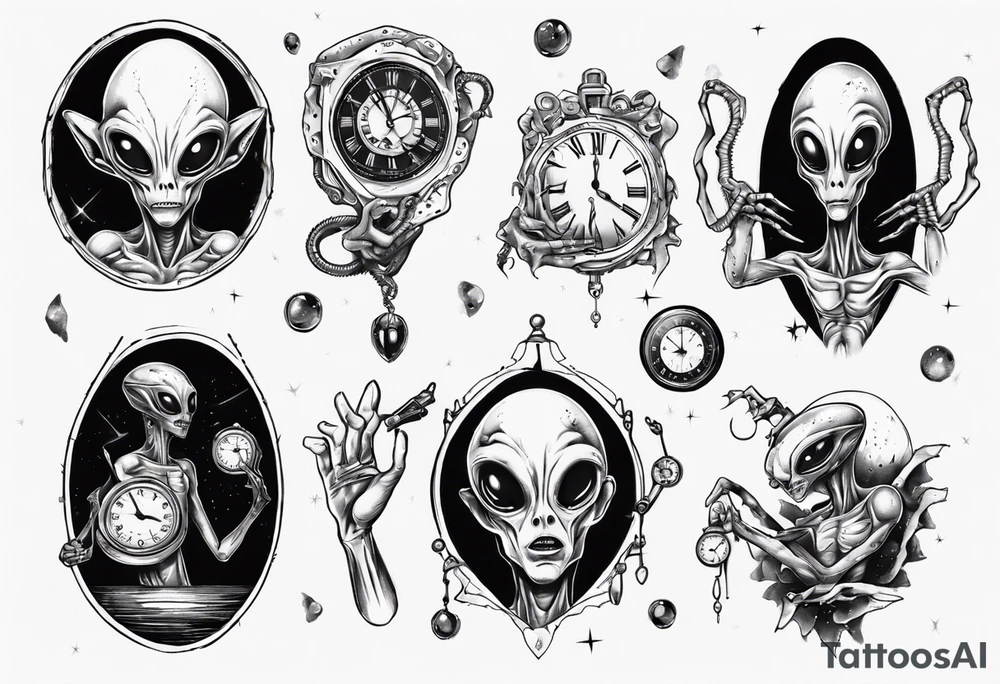 Alien holding a broken clock in hand tattoo idea