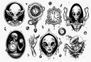 Alien holding a broken clock in hand tattoo idea