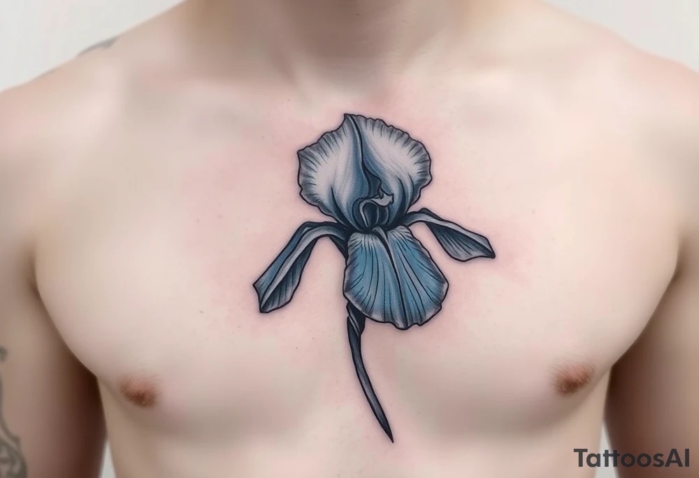 Single blue iris flower in the style of Van Gogh. One petal falling and one upright. On stomach. tattoo idea