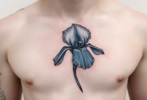 Single blue iris flower in the style of Van Gogh. One petal falling and one upright. On stomach. tattoo idea