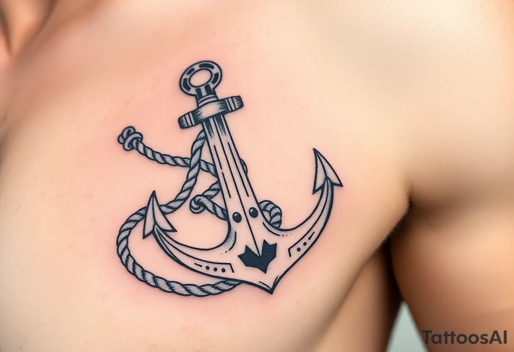 weathered anchor wrapped in nautical rope with sea waves tattoo idea