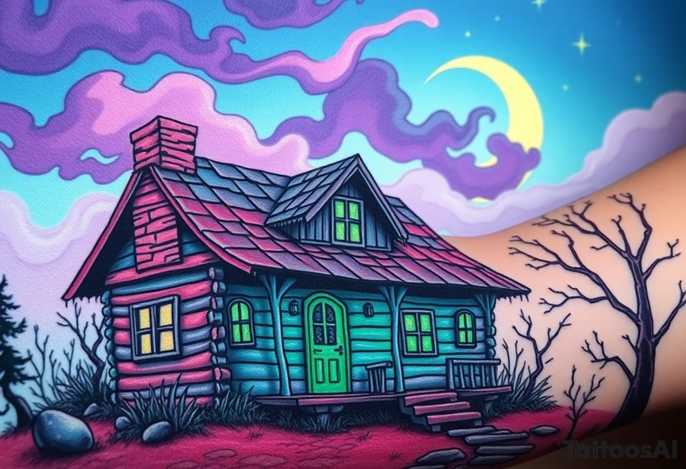 Tim Burton’s haunted pastel wood cabin home is abandoned and dripping with muted reds, dusty pinks, and eerie green glow.purple and cyan smokey clouds swirl in the crescent moonlit sky thats sprinkled with stars tattoo idea tattoo idea