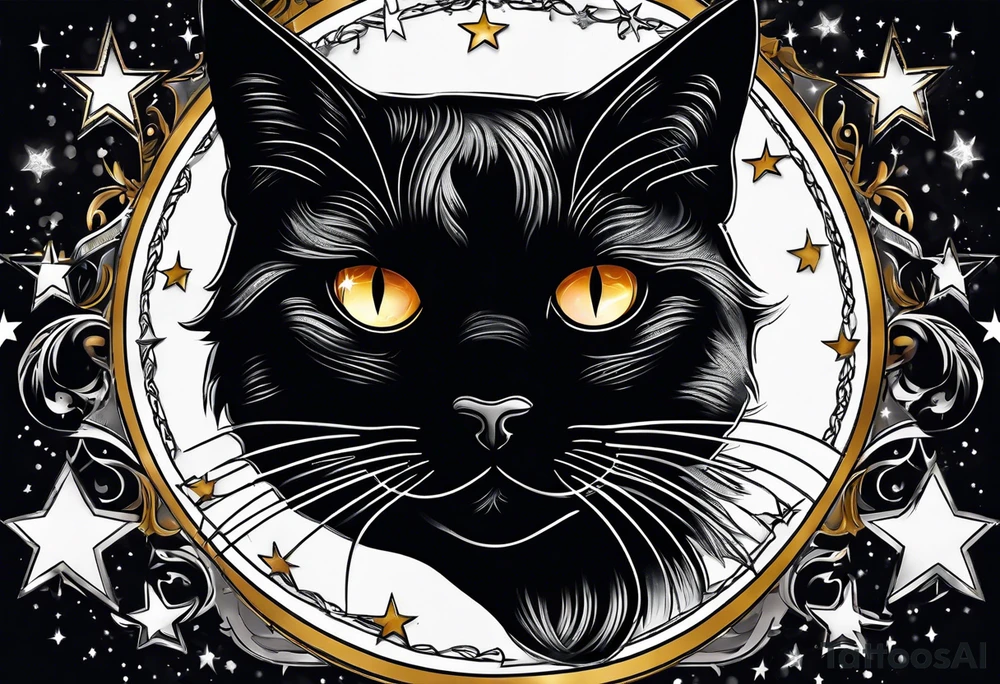Photo realistic black cat head with moon and stars tattoo idea