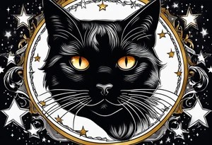 Photo realistic black cat head with moon and stars tattoo idea