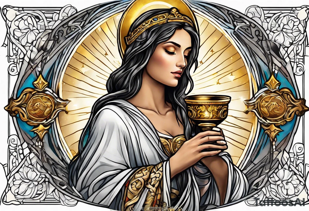 woman saint holding chalice surrounded by golden halo sideways tattoo idea