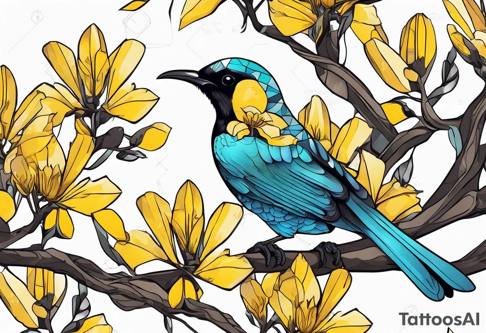 Tui bird in Kowhai tree tattoo idea