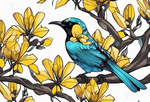 Tui bird in Kowhai tree tattoo idea