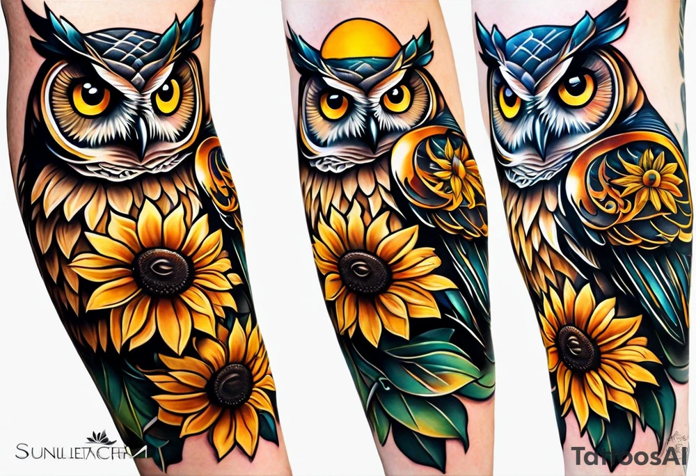Owl with sunflowers leg sleeve tattoo idea