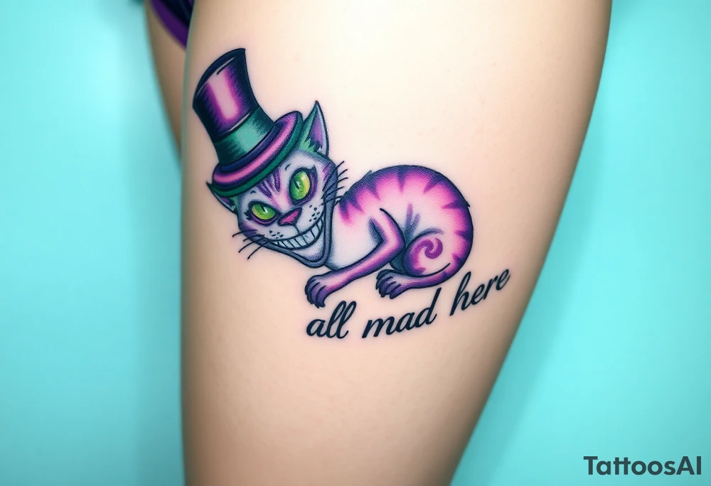 Cheshire cat, Alice in Wonderland,  we are all mad here, top hat, green and purple tattoo idea