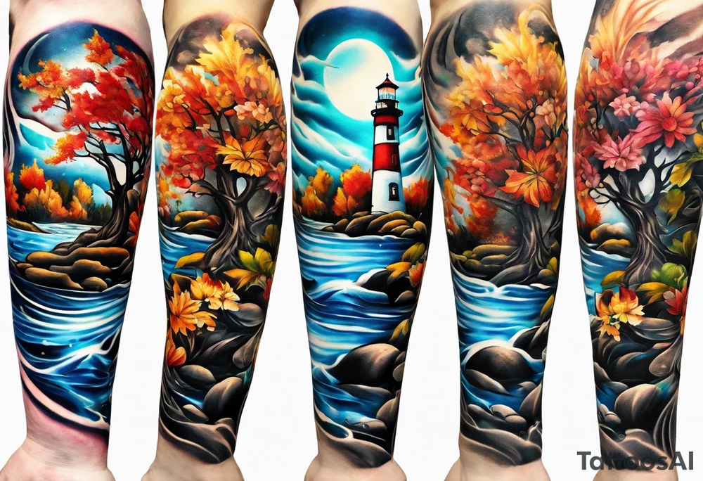 Arm sleeve with fall colors, various flowers, water flow, water splash, light house tattoo idea
