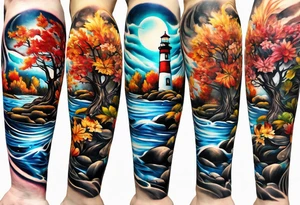 Arm sleeve with fall colors, various flowers, water flow, water splash, light house tattoo idea