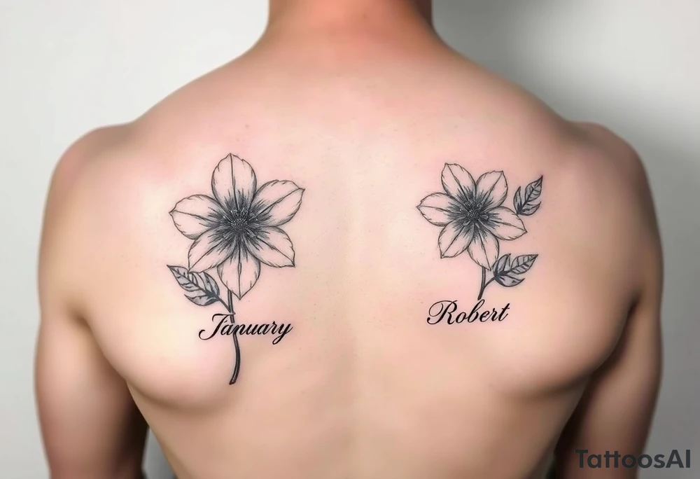 January birth flower with names James under it and March birth flower with name Robert under it tattoo idea