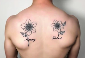 January birth flower with names James under it and March birth flower with name Robert under it tattoo idea