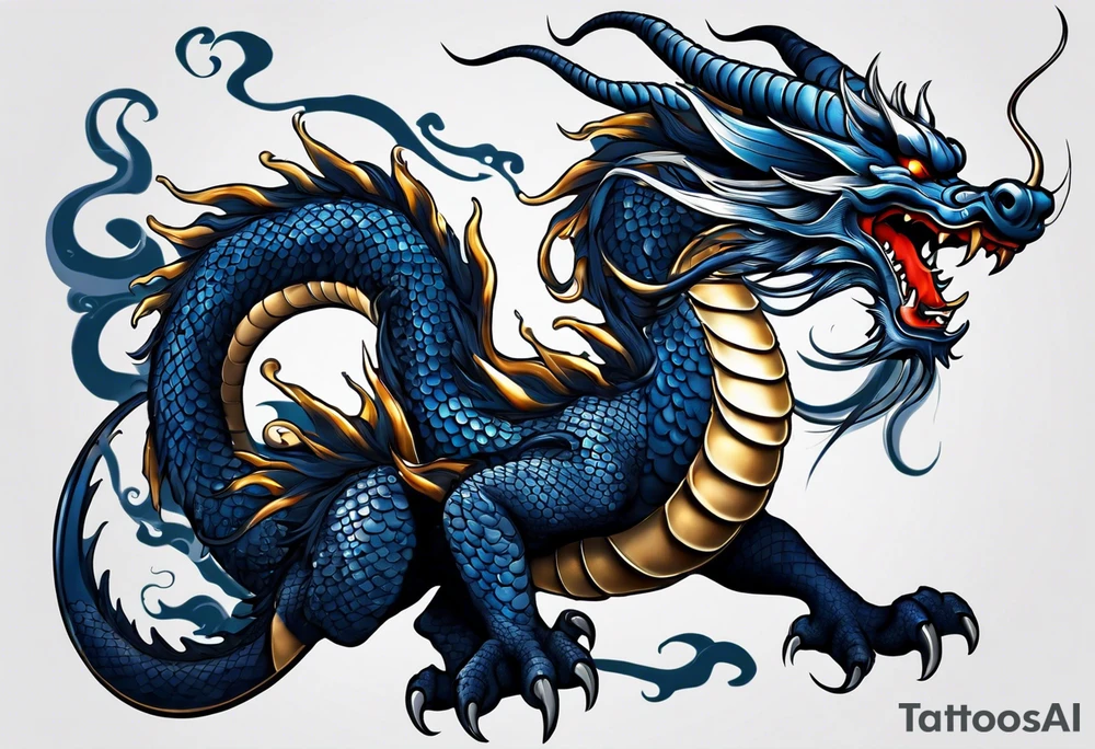An epic floating asian dragon. Its long body coiling dynamically, with scales and horns detailed to create a sense of movement and strength. The dragon's main color is midnight blue, giving a vibrant depth and a mystical aura. This tattoo highlights the dragon’s fierce expression and sharp claws. tattoo idea