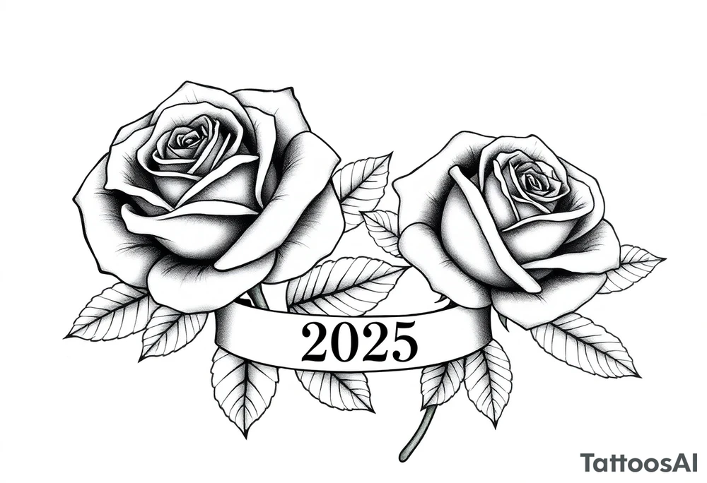 two beautiful large rose buds, one larger than the other, with lots and lots of leaves next to the rose buds, with one sitting slightly higher than the other, side-by-side.  Include a banner connecting the two roses with the year 2025 on it.   Use dark outlines with little shading. No stems tattoo idea
