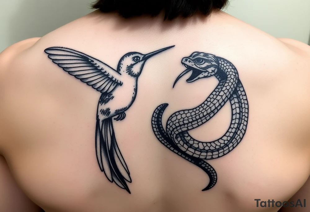 Humming bird looking down at snake while snake tail wrapped around humming bird and snake hissing at humming bird tattoo idea